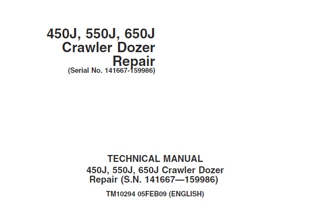 John Deere 450J, 550J, 650J Crawler Dozer Repair Technical Manual (TM10294)