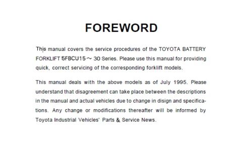 Toyota 5FBCU15 to 30 Battery Folklift Service Repair Manual