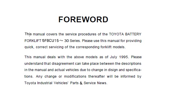 Toyota 5FBCU15 to 30 Battery Folklift Service Repair Manual