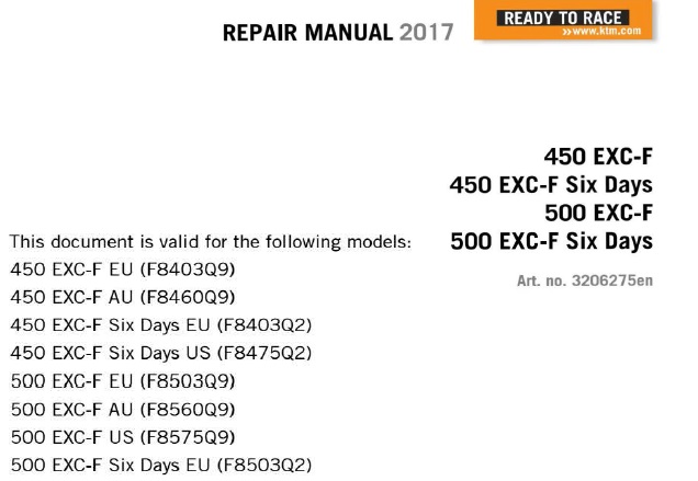 KTM 450, 500 EXC-F Service Repair Manual 2017